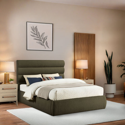 Amara Olive Boucle Fabric Upholstered Queen Bed, 1 Piece (Style 3)