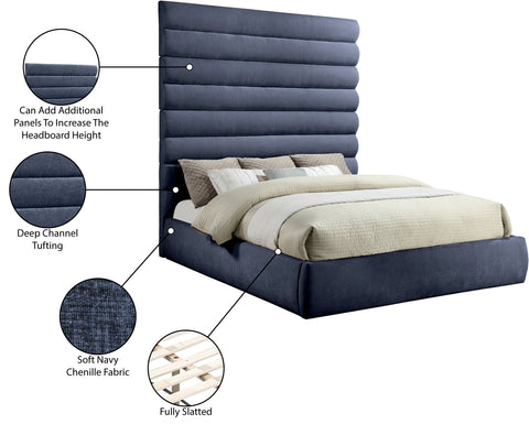 Amara Navy Chenille Fabric Upholstered King Bed, 1 Piece (Style 2)