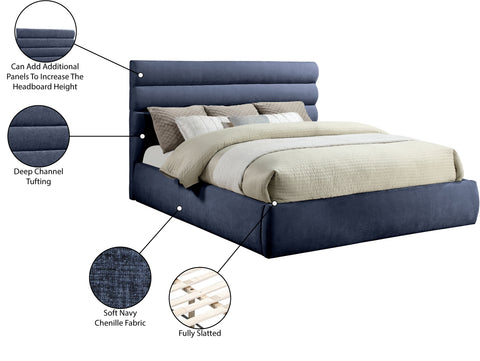 Amara Navy Chenille Fabric Upholstered King Bed, 1 Piece (Style 3)