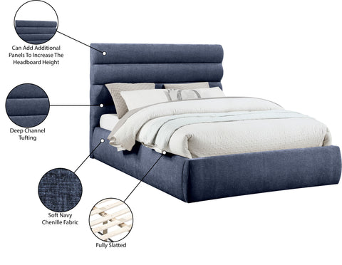 Amara Navy Chenille Fabric Upholstered Queen Bed, 1 Piece (Style 3)