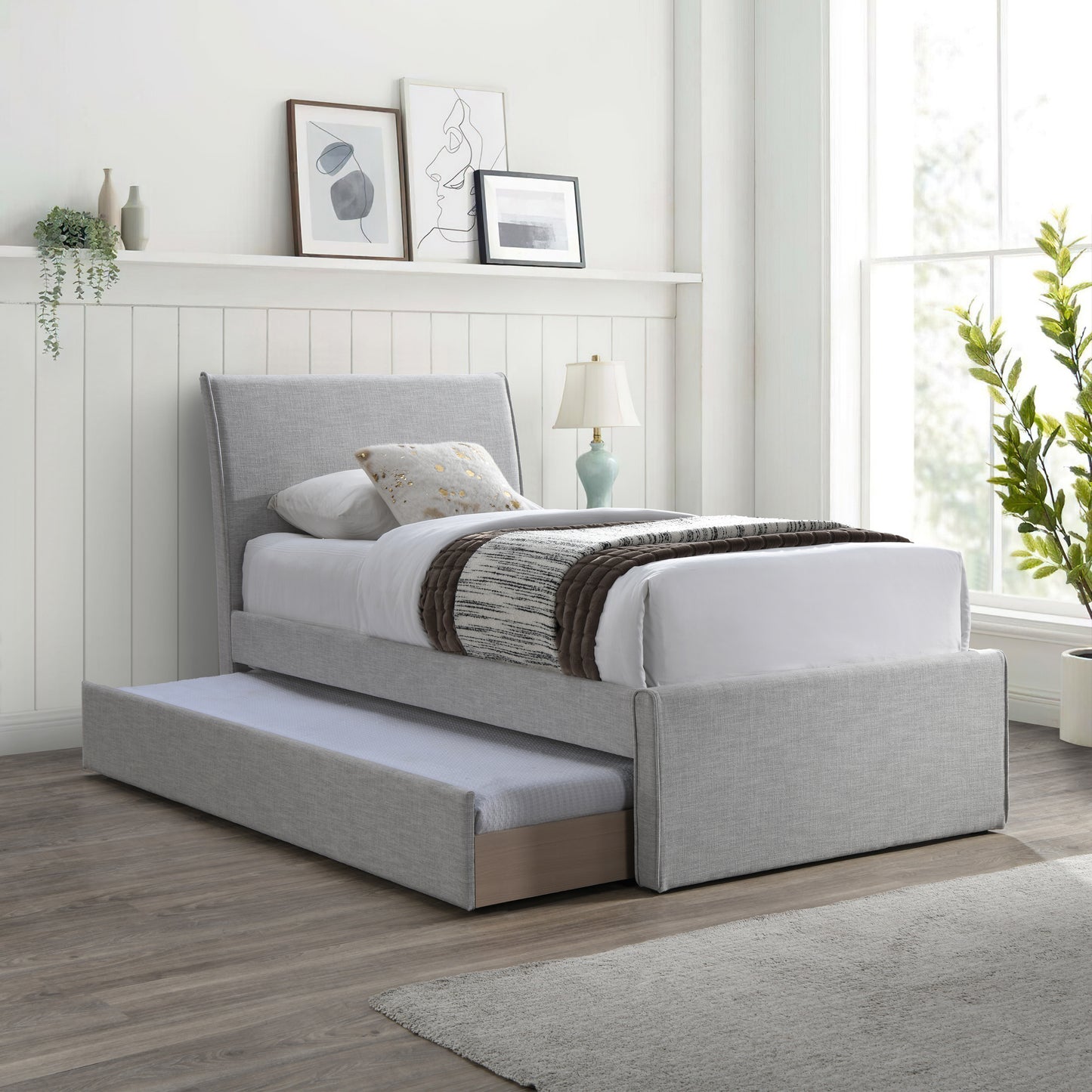 niagara grey linen textured fabric twin trundle bed