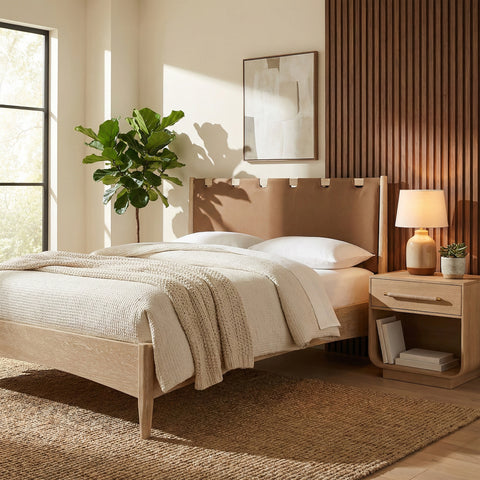Faye Brown Vegan Leather Headboard And Wood King Bed, 1 Piece