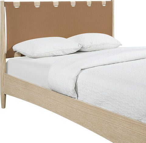 Faye Brown Vegan Leather Headboard And Wood King Bed, 1 Piece