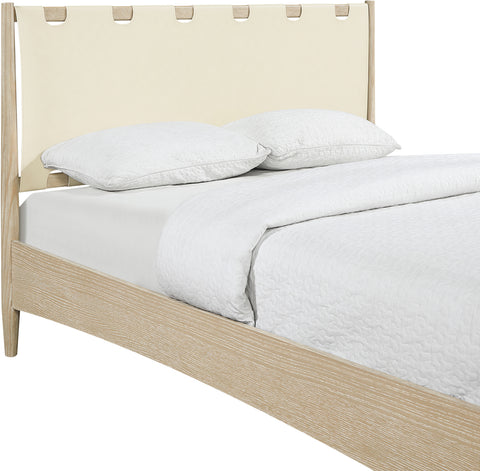Faye Cream Vegan Leather Headboard And Wood Full Bed, 1 Piece