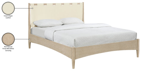Faye Cream Vegan Leather Headboard And Wood King Bed, 1 Piece