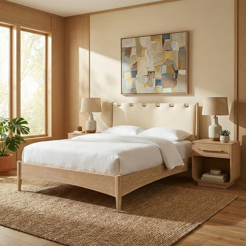 Faye Cream Vegan Leather Headboard And Wood King Bed, 1 Piece
