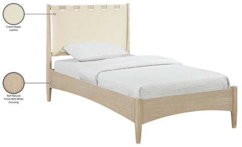 Faye Cream Vegan Leather Headboard And Wood Twin Bed, 1 Piece