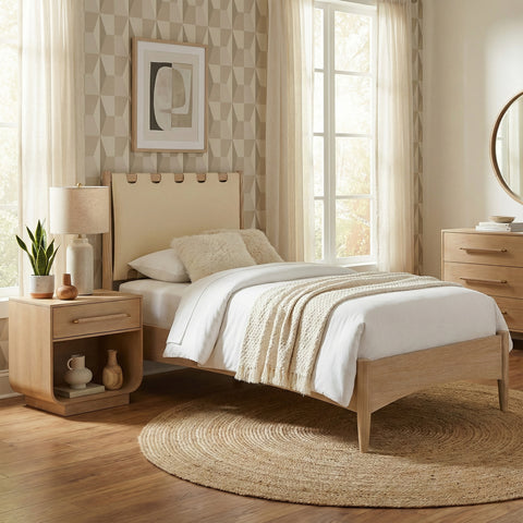 Faye Cream Vegan Leather Headboard And Wood Twin Bed, 1 Piece