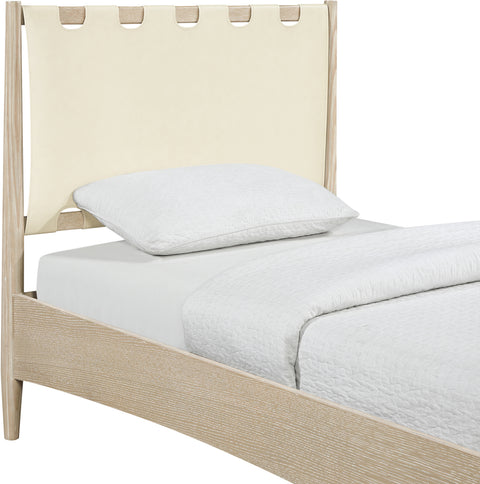 Faye Cream Vegan Leather Headboard And Wood Twin Bed, 1 Piece