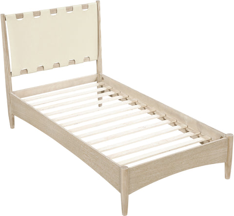 Faye Cream Vegan Leather Headboard And Wood Twin Bed, 1 Piece