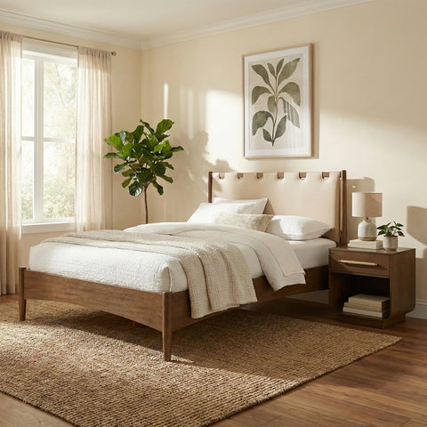 Faye Beige Vegan Leather Headboard And Wood Full Bed, 1 Piece