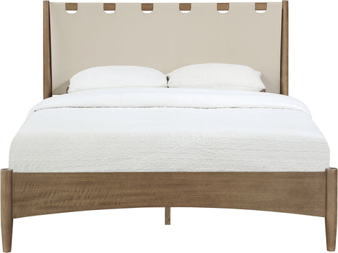 Faye Beige Vegan Leather Headboard And Wood Full Bed, 1 Piece