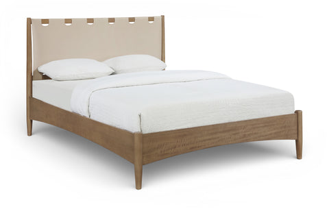 Faye Beige Vegan Leather Headboard And Wood King Bed, 1 Piece