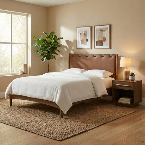 Faye Brown Vegan Leather Headboard And Wood King Bed, 1 Piece (Style 2)