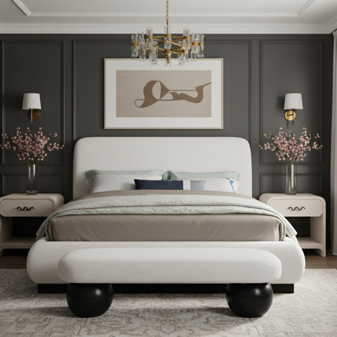 Noelle Cream Linen Textured Fabric Upholstered King Bed, 1 Piece (Style 2)