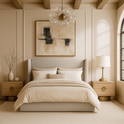 Sloane Beige Linen Textured Fabric Upholstered King Bed, 1 Piece
