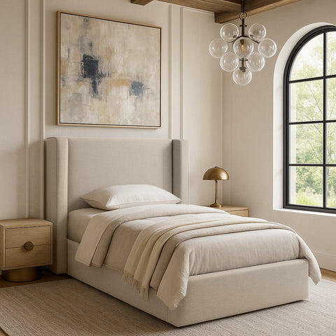 Sloane Beige Linen Textured Fabric Upholstered Twin Bed, 1 Piece