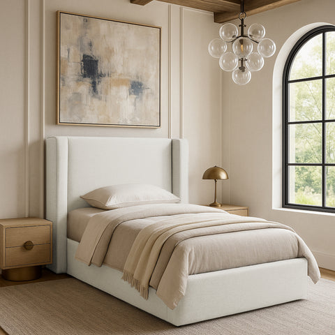 Sloane Cream Linen Textured Fabric Upholstered Twin Bed, 1 Piece (Style 3)