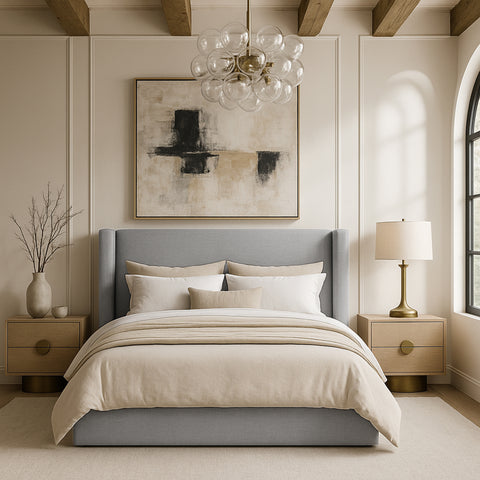 Sloane Grey Linen Textured Fabric Upholstered Queen Bed, 1 Piece