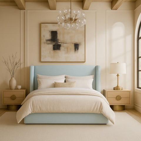 Sloane Light Blue Linen Textured Fabric Upholstered Queen Bed, 1 Piece