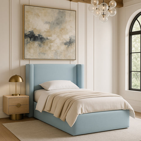 Sloane Light Blue Linen Textured Fabric Upholstered Twin Bed, 1 Piece