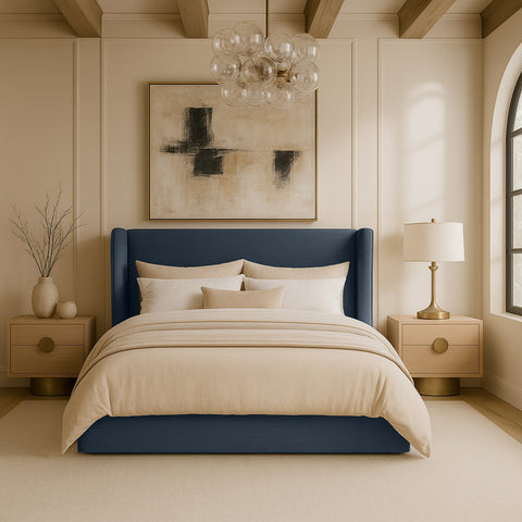 Sloane Navy Linen Textured Fabric Upholstered King Bed, 1 Piece