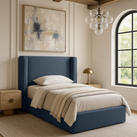 Sloane Navy Linen Textured Fabric Upholstered Twin Bed, 1 Piece