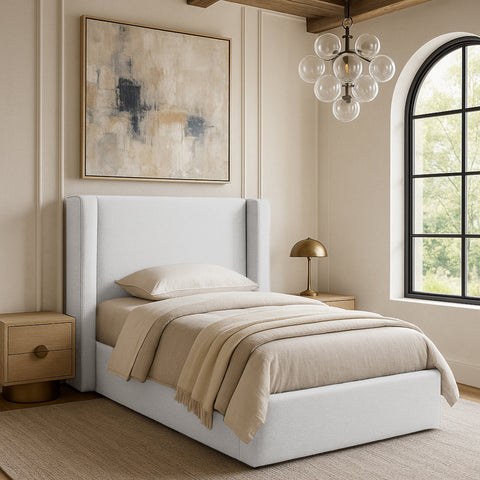 Sloane White Linen Textured Fabric Upholstered Twin Bed, 1 Piece