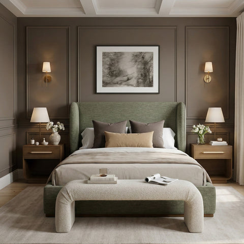 Greer Olive Green Linen Textured Fabric Upholstered Full Bed, 1 Piece