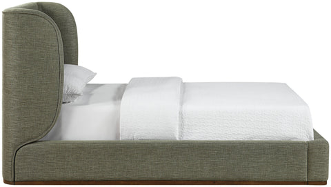 Greer Olive Green Linen Textured Fabric Upholstered King Bed, 1 Piece