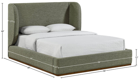 Greer Olive Green Linen Textured Fabric Upholstered Queen Bed, 1 Piece