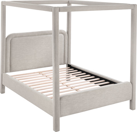 Indie Beige Linen Textured Fabric Upholstered King Bed, 1 Piece