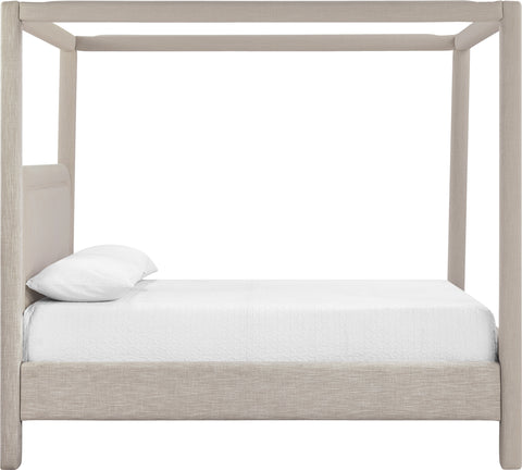 Indie Beige Linen Textured Fabric Upholstered Queen Bed, 1 Piece