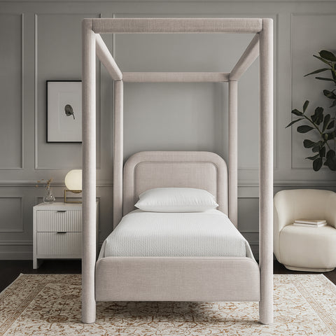 Indie Beige Linen Textured Fabric Upholstered Twin Bed, 1 Piece
