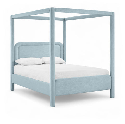 Indie Light Blue Linen Textured Fabric Upholstered King Bed, 1 Piece