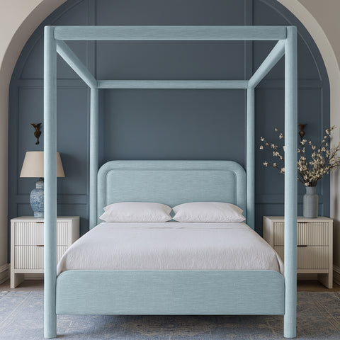 Indie Light Blue Linen Textured Fabric Upholstered King Bed, 1 Piece