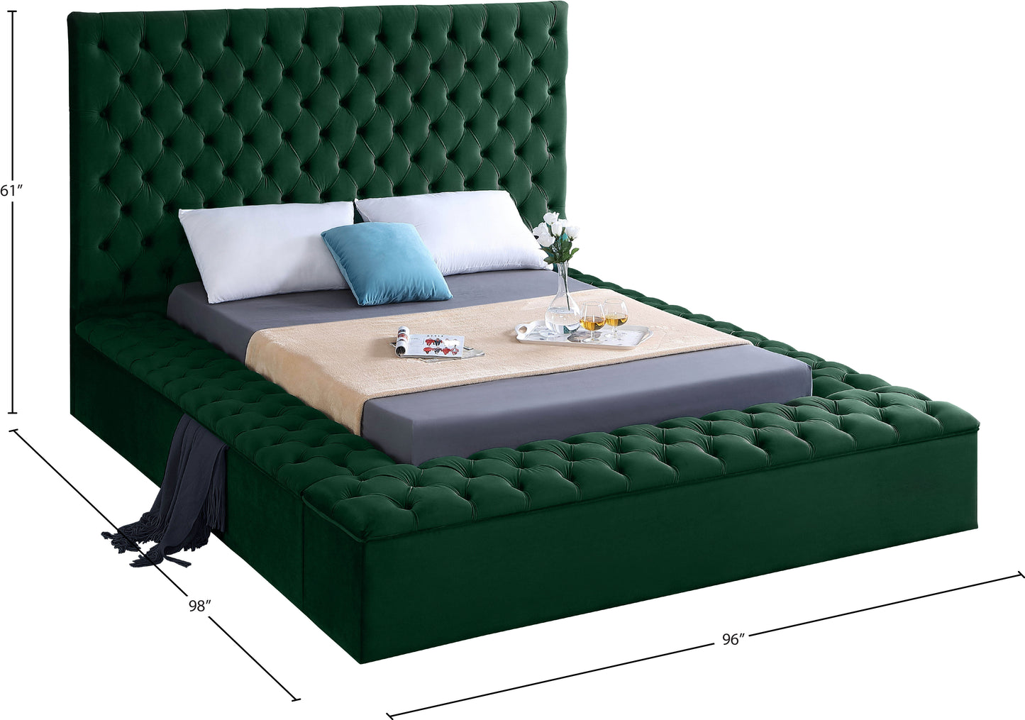 claire green velvet king bed (3 boxes) k