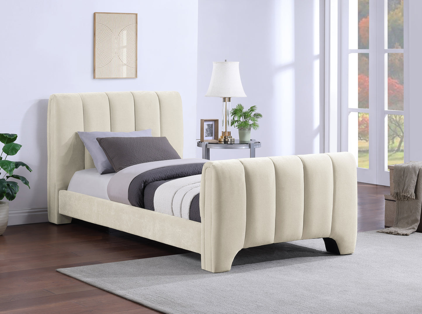 karina beige chenille fabric twin bed (3 boxes)