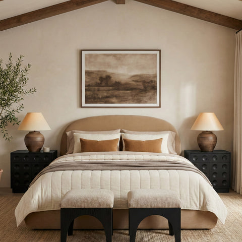 Aveline Beige Velvet Upholstered Full Bed, 1 Piece