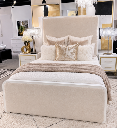 Luxury White Solid Wood Bed with Cream Bouclé Upholstered Panels – Showroom Clearance