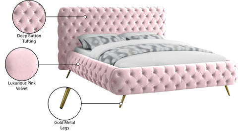 Tessa Pink Velvet Upholstered Queen Bed, 1 Piece