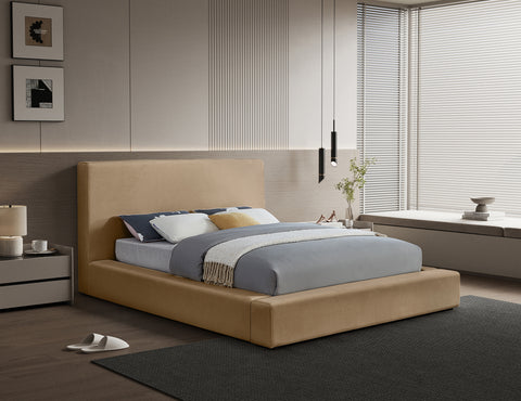 Talia Beige Velvet Upholstered Queen Bed, 1 Piece