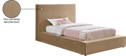 Talia Beige Velvet Upholstered Twin Bed, 1 Piece