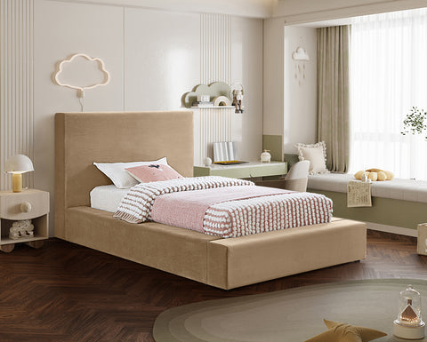 Talia Beige Velvet Upholstered Twin Bed, 1 Piece