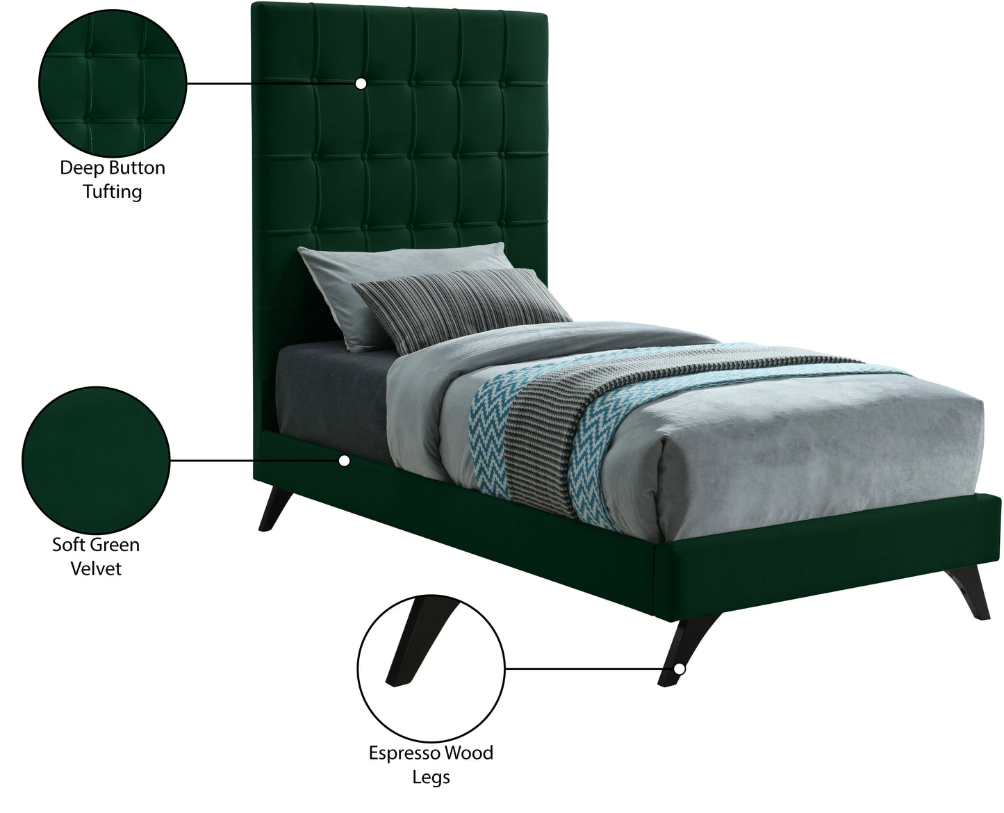 naya green velvet twin bed t