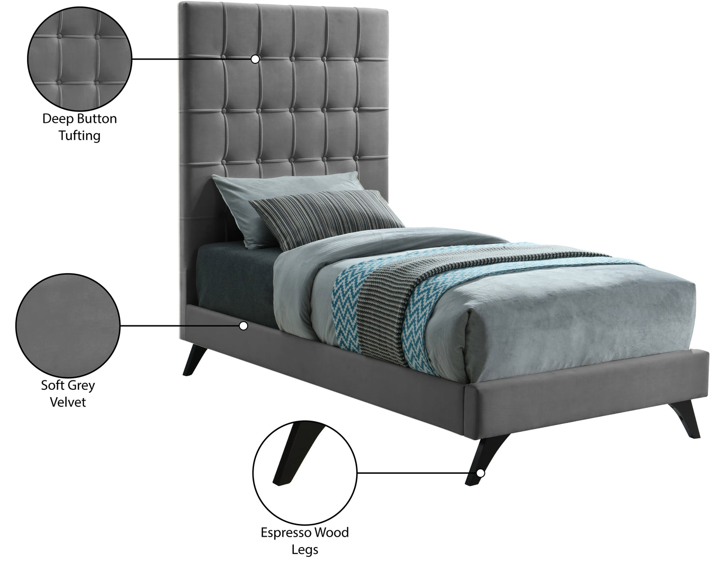 naya grey velvet twin bed t