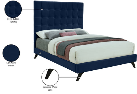 Linden Navy Velvet Upholstered Queen Bed, 1 Piece