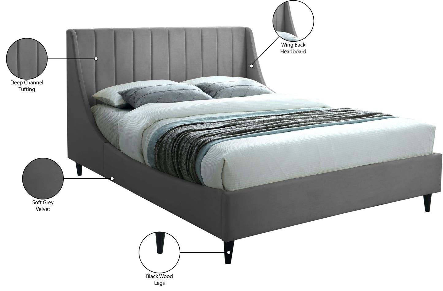 minimalist grey velvet full bed f