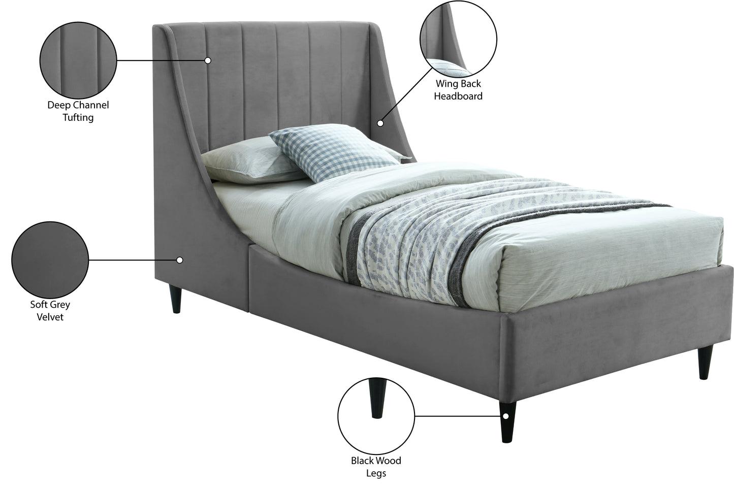 minimalist grey velvet twin bed t