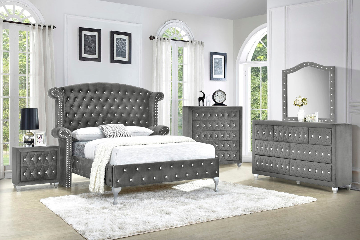 florence queen bed, dresser, mirror and 1 night stand